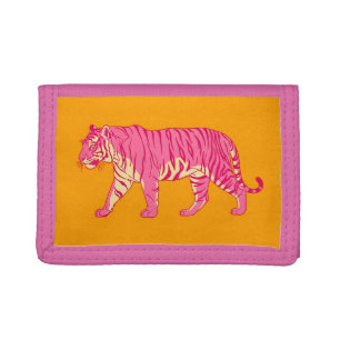 Hot Pink Tiger on Bold Orange Tri-fold Wallet
