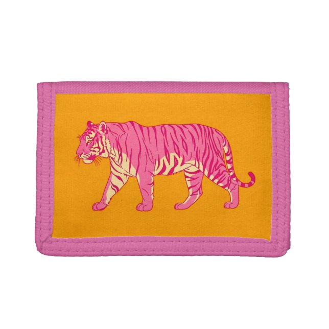 Hot Pink Tiger on Bold Orange Trifold Wallet (Front)