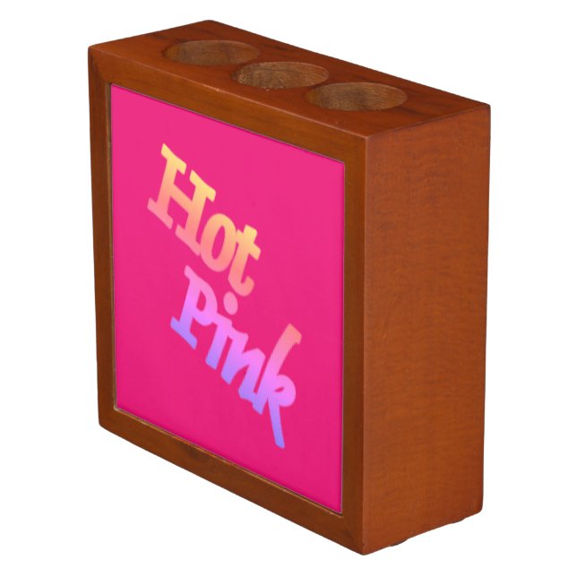 Hot Pink tilted brown back desk organizer (Angled)