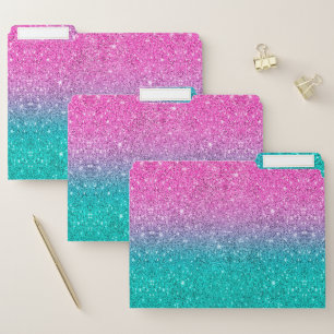 Hot-pink to turquoise faux glitter ombre file folder