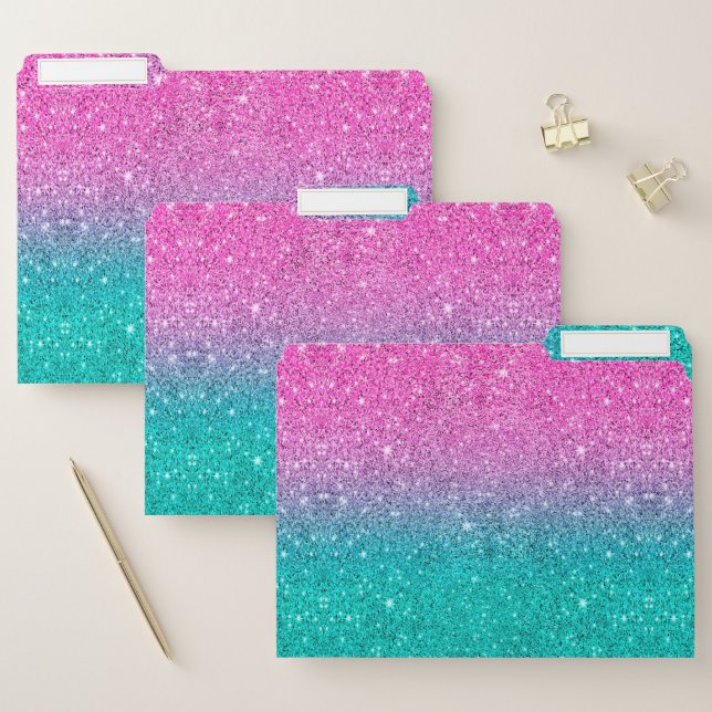 Hot-pink to turquoise faux glitter ombre file folder (Set)