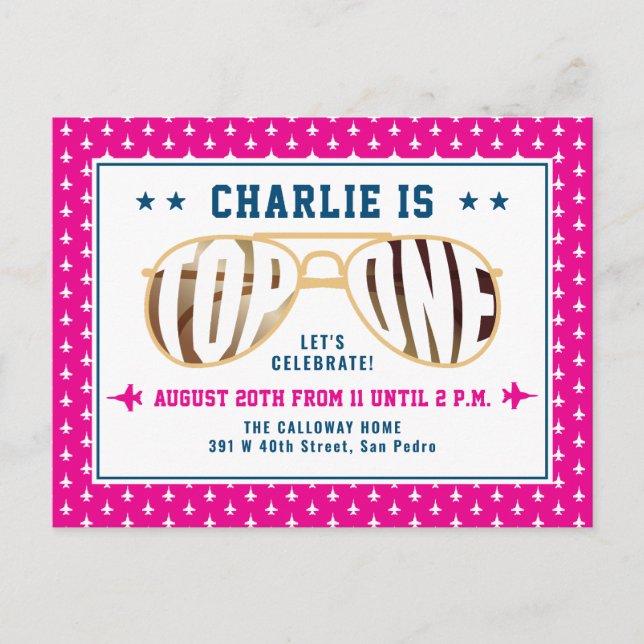 Hot Pink TopOne Fighter Pilot Theme First Birthday Postcard (Front)