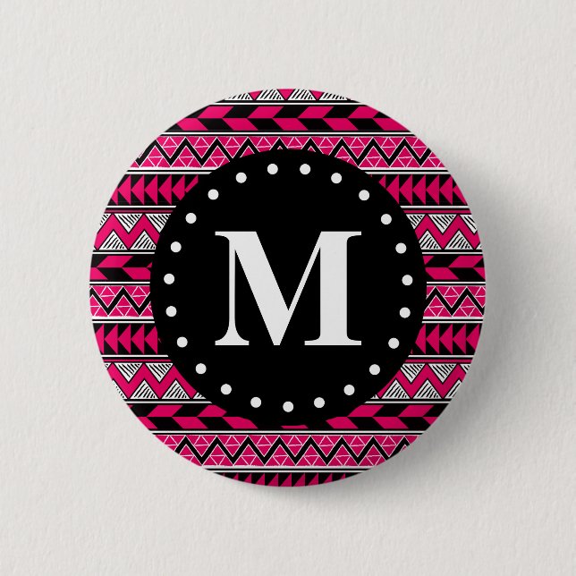 Hot Pink Tribal Chevron Pattern Monogram Pinback Button (Front)