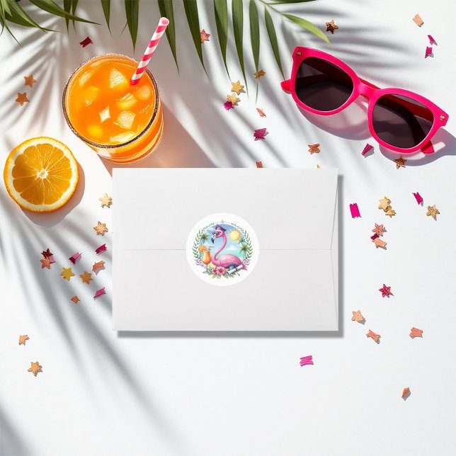 Hot-Pink Tropical Flamingo Graduation Party Classic Round Sticker (Hot-Pink Tropical Flamingo Graduation Party Classic Round Sticker)