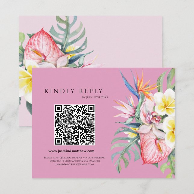 Hot Pink Tropical Floral Hawaii QR Code Wedding RSVP Card (Front/Back)