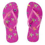 Hot pink tropical palms and flowers on pink flip flops Hot pink tropical palms and flowers on pink flip flops