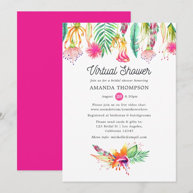 Hot-Pink Tropical Summer Virtual Bridal Shower Invitation (Front/Back)