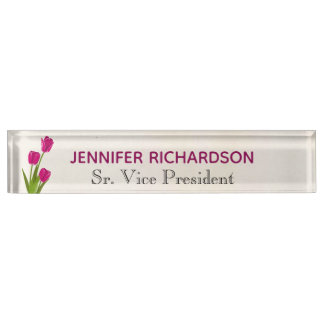 Hot Pink Tulips on Watercolor Desk Name Plate
