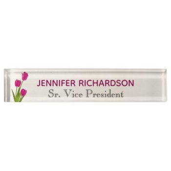 Hot Pink Tulips On Watercolor Desk Name Plate by csinvitations at Zazzle
