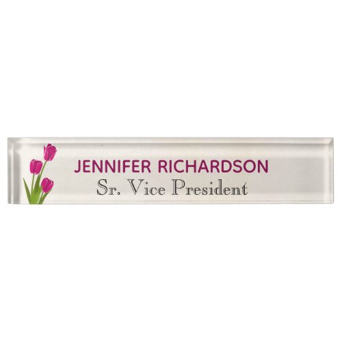 Hot Pink Tulips on Watercolor Desk Name Plate