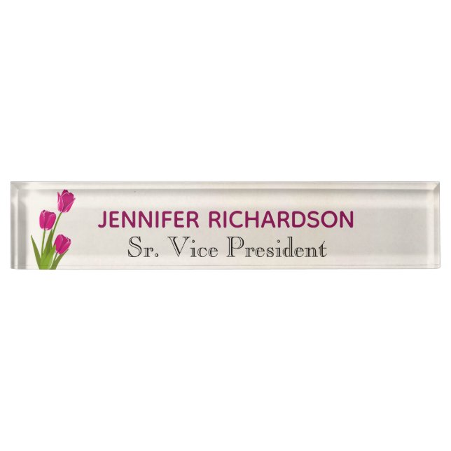 Hot Pink Tulips on Watercolor Desk Name Plate (Front)