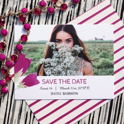 Hot Pink Tulips Sweet 16 Save the Date Card