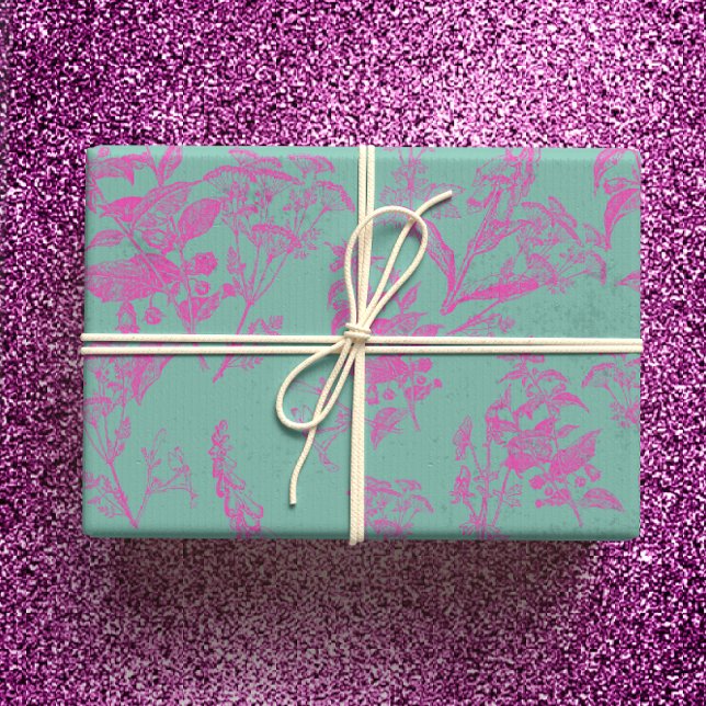Hot Pink & Turquoise Wildflower Line Art  Wrapping Paper Sheets (Creator Uploaded)