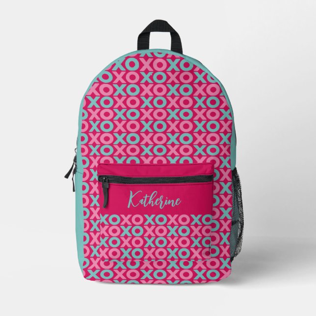 Hot Pink & Turquoise XO Kisses Hugs Personalized Printed Backpack (Front)