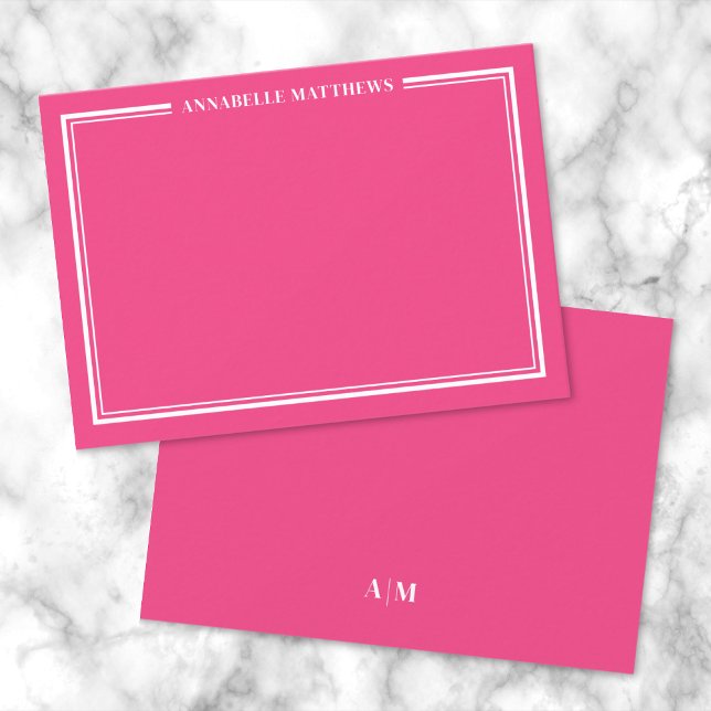 Hot Pink Two Border Minimalist Name Monogram Note Card (Hot Pink Two Border Minimalist Name Monogram Note Card)