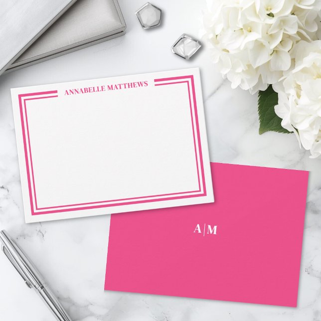 Hot Pink Two Border Minimalist Name Monogram Note Card (Hot Pink Two Border Minimalist Name Monogram Note Card)
