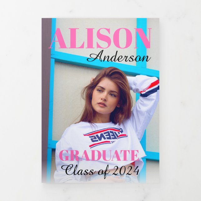Hot Pink typography Class of 2024 graduation photo Tri-Fold Announcement (Cover)