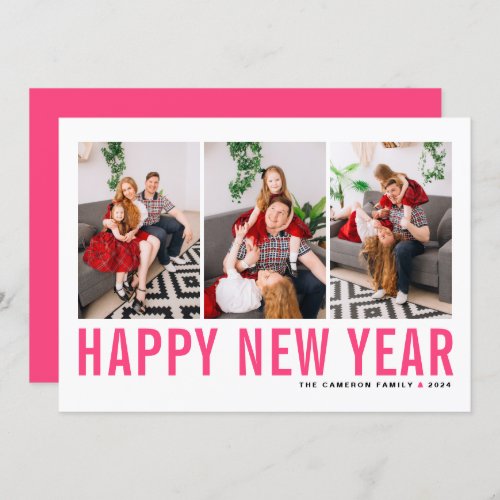 Hot Pink Typography Happy New Year Photo Collage Holiday Card