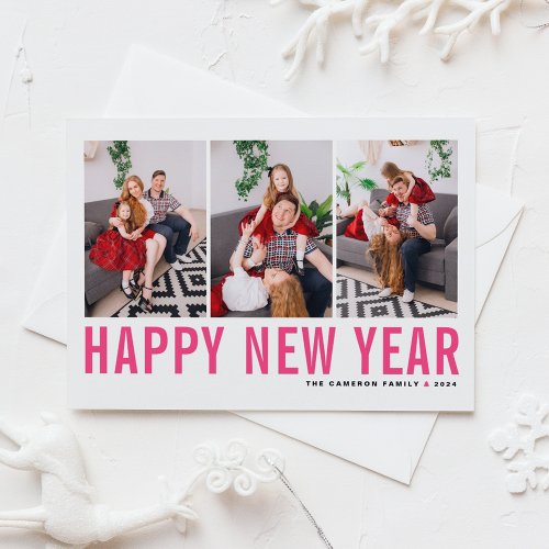 Hot Pink Typography Photo Collage Happy New Year Holiday Card