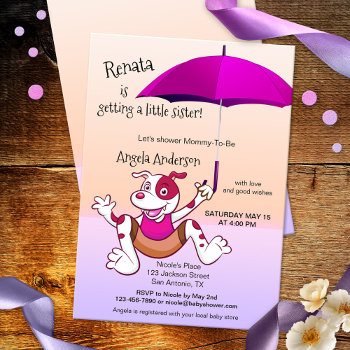 Hot Pink Umbrella Funny Dog Baby Shower Invitation by sunnysites at Zazzle