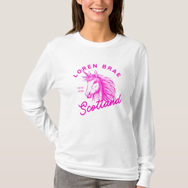 Hot Pink Unicorn Loren Brae long sleeved t-shirt (Front)