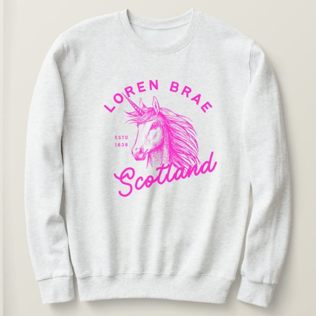 Hot pink unicorn Loren Brae sweatshirt (Design Front)