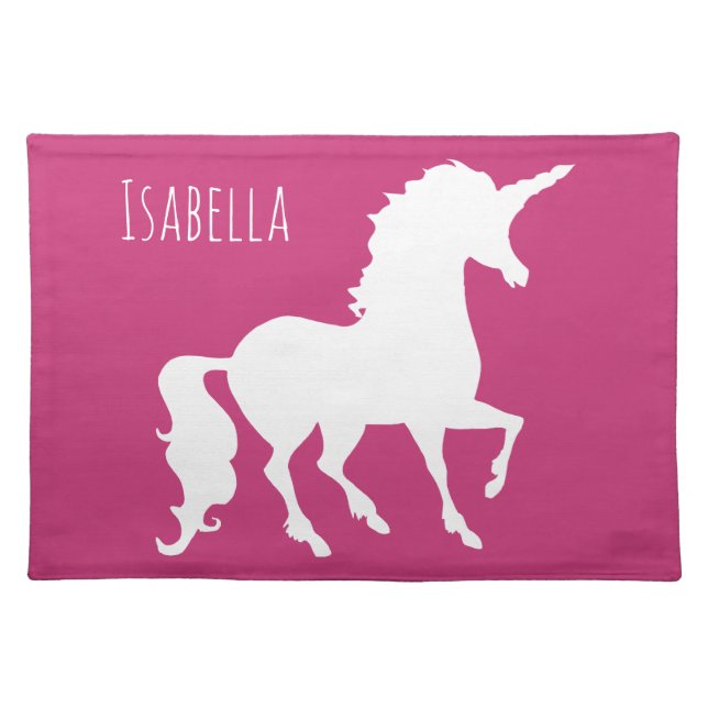 Hot Pink Unicorn Silhouette Girls Personalized Cloth Placemat (Front)