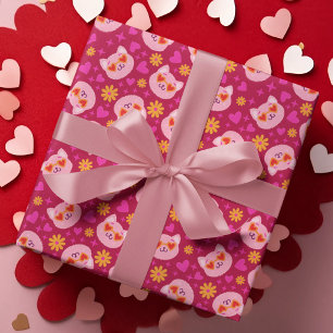 Hot Pink Valentines Day Cat Heart Sunglasses Wrapping Paper