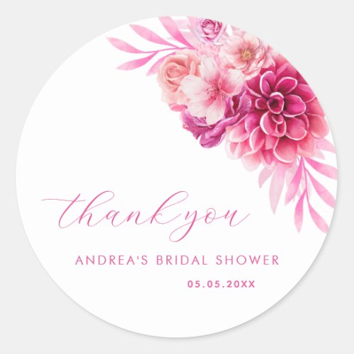 Hot Pink Vibrant Floral Bridal Shower Thank You Classic Round Sticker