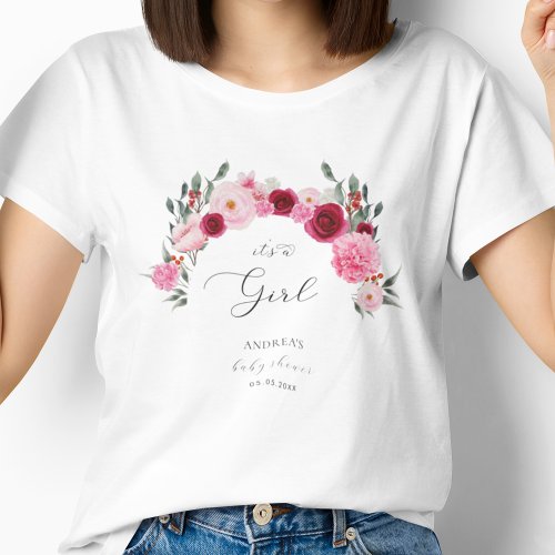 Hot Pink Vibrant Floral Its a Girl Baby Shower T_Shirt