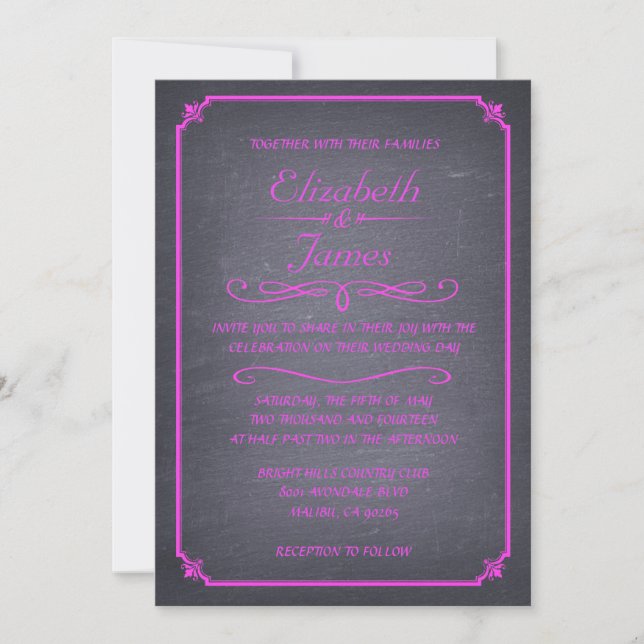 Hot Pink Vintage Chalkboard Wedding Invitations (Front)