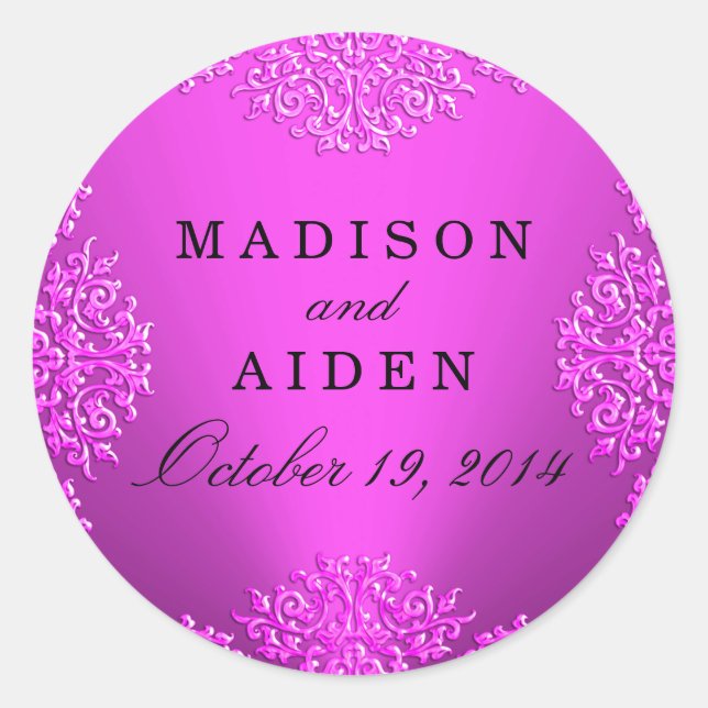Hot Pink Vintage Damask Wedding Sticker (Front)