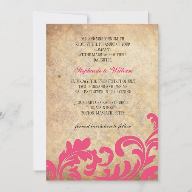 Hot Pink Vintage Floral Swirl Wedding Invitation (Front)