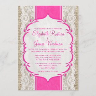 Hot Pink Vintage Linen Burlap Wedding Invitations