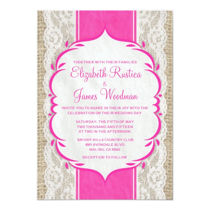 Hot Pink Vintage Linen Burlap Wedding Invitations Zazzle Com