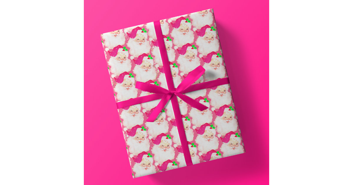 Hot pink vintage santa claus wink christmas gift wrapping paper | Zazzle