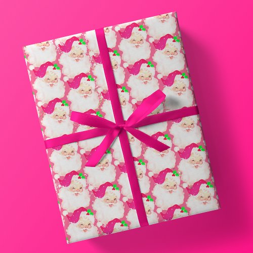 Hot pink vintage santa claus wink christmas gift wrapping paper