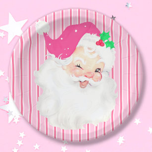 Hot Pink Vintage Santa Wink Retro Christmas Party Paper Plates