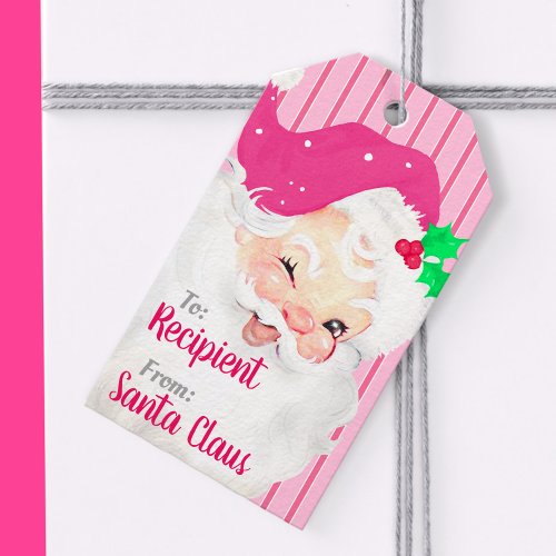 Hot Pink Vintage Winking Santa Christmas Gift Tags