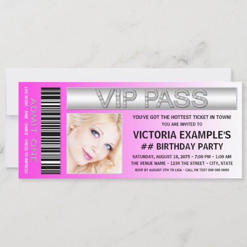 Hot Pink VIP Pass Admission Ticket Birthday Party Invitation