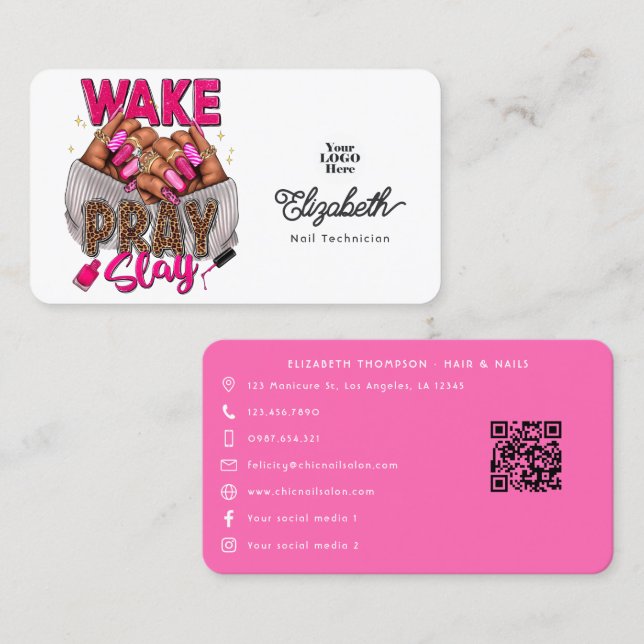 Hot-Pink Wake, Pray, Slay Nail Salon Business Card (Front/Back)
