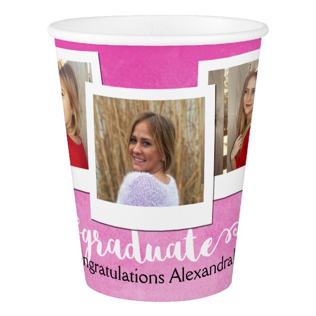 Hot Pink Wash Brushed 3 Photo Graduation Party Paper Cup