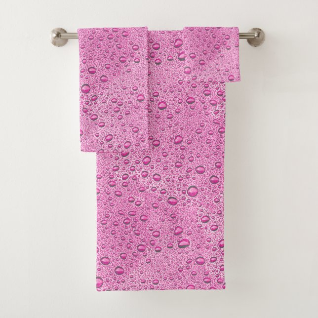 Hot pink water droplets bath towel set (Insitu)