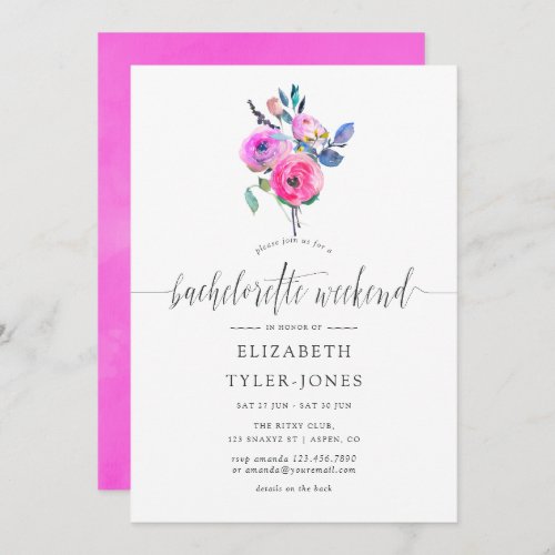 Hot_Pink Watercolor Floral Bachelorette Weekend Invitation