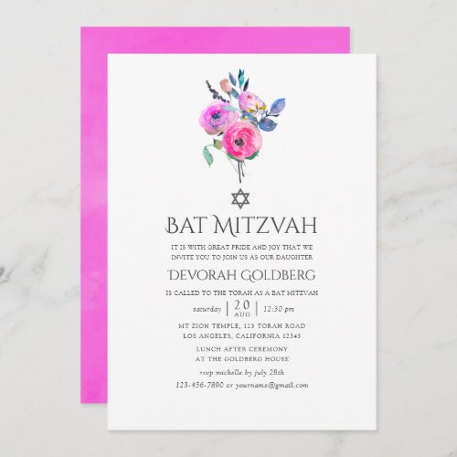 Hot_Pink Watercolor Floral Bat Mitzvah Invitation