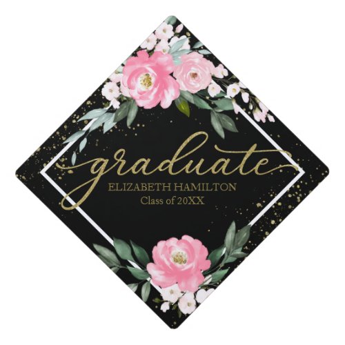 Hot Pink Watercolor Floral Botanical Bouquet Gradu Graduation Cap Topper