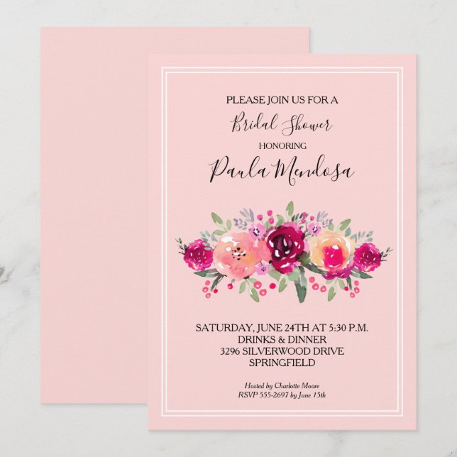 Hot Pink Watercolor Floral Bridal Shower Invitation (Front/Back)
