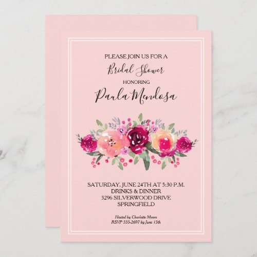 Hot Pink Watercolor Floral Bridal Shower Invitation
