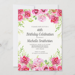 Hot Pink Watercolor Floral Greenery 40th Birthday Invitation