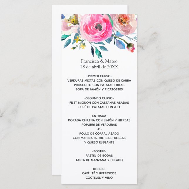 Hot-Pink Watercolor Floral Menu (Front/Back)